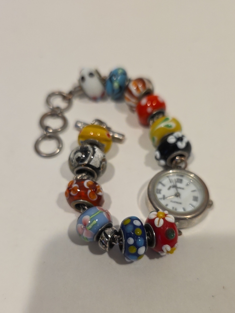 Colorful Multi-patterned Glass Beaded Watchband With Geneva Platinum Watch